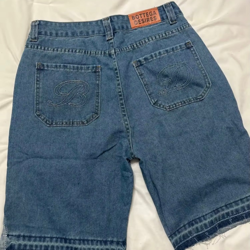 Blue Denim Shorts with White Text - Picture 2 of 2